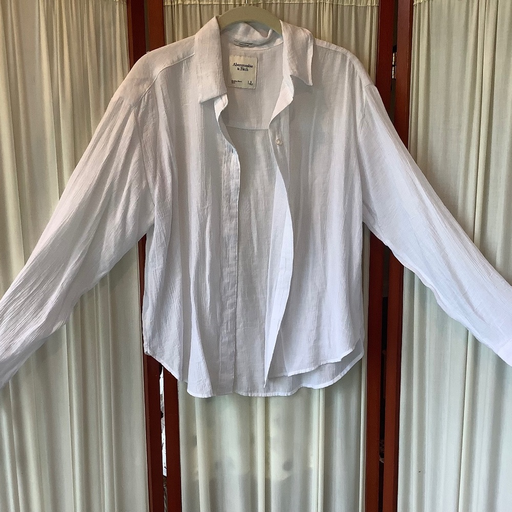 Abercrombie & Fitch White Oversized Crinkle Gauzy Shirt Button Down Size Small